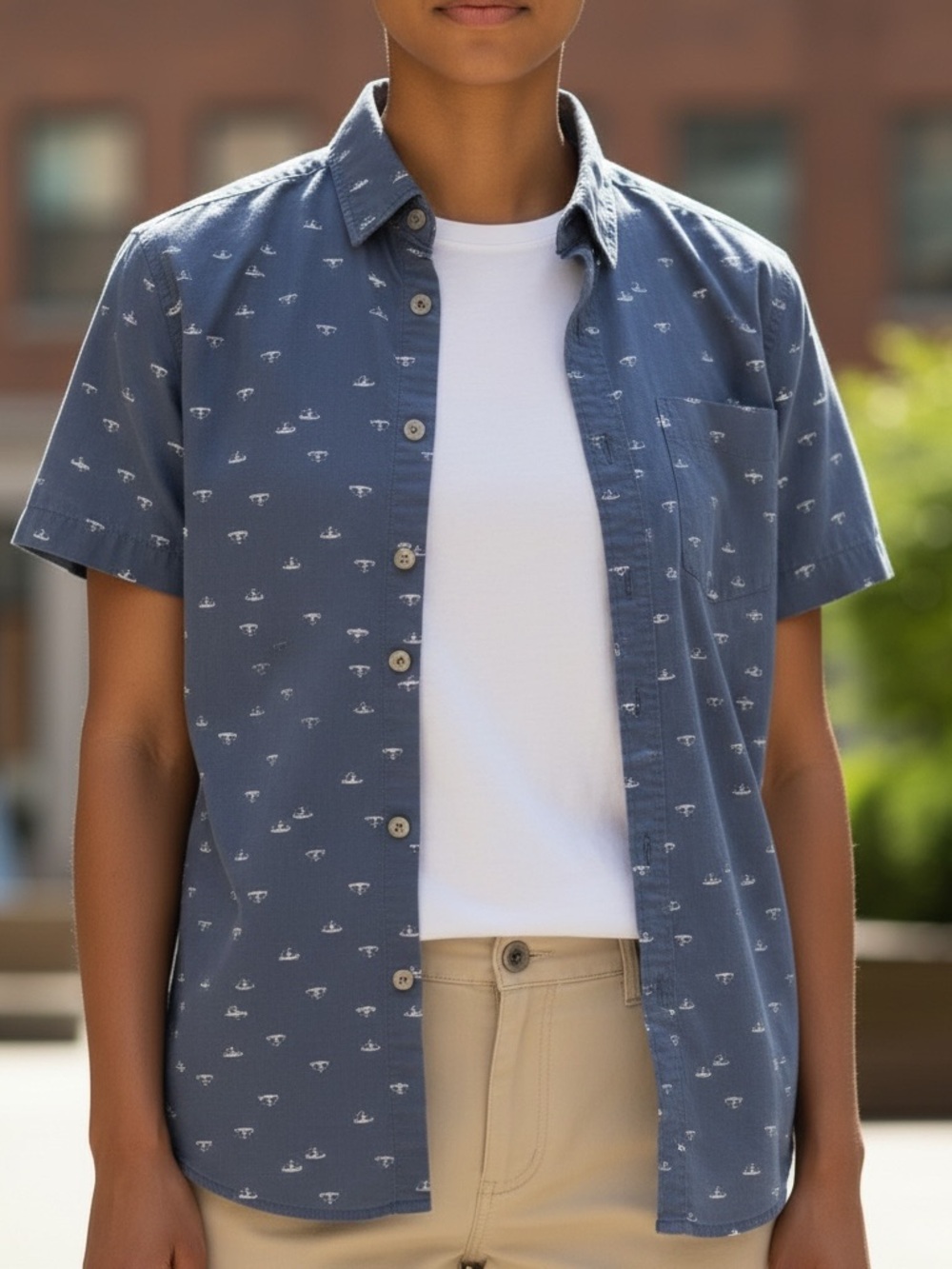 Eddie Bauer Navy Short-Sleeve Button-Down Shirt with White Mini Print